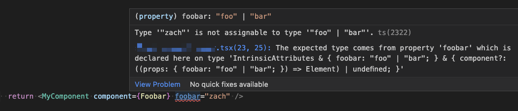 IDE typescript error for invalid foobar prop
